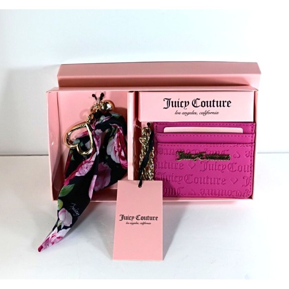 NWT Juicy Couture Hot Pink Card Wallet Key Chain & Scarf Gift Set Open Box - Picture 4 of 16